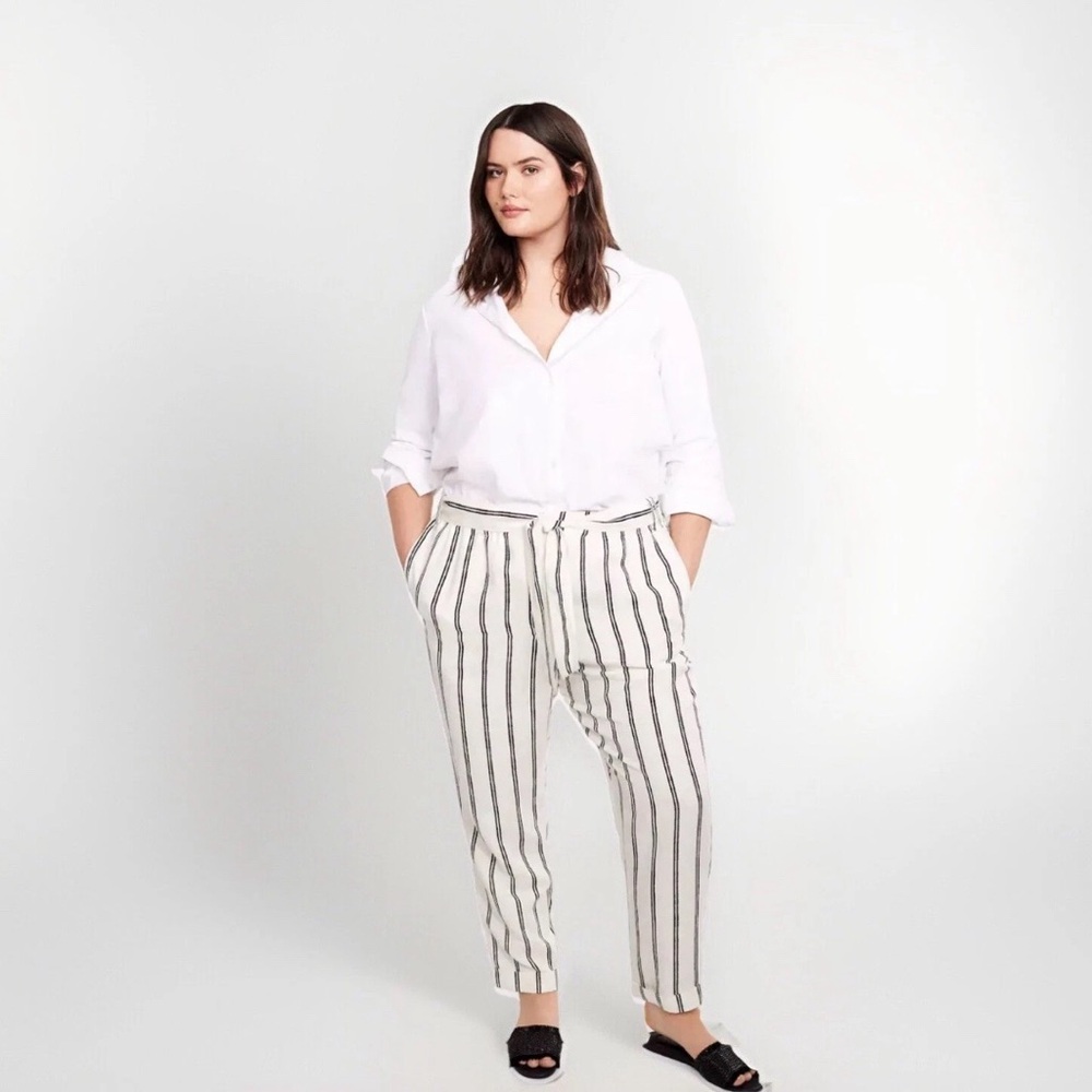 MNG Violeta Comfort Linen Blend Pants Striped Black and White Print Size XL